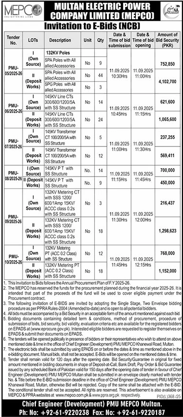 Multan Electric Power Company Limited Tender Notice